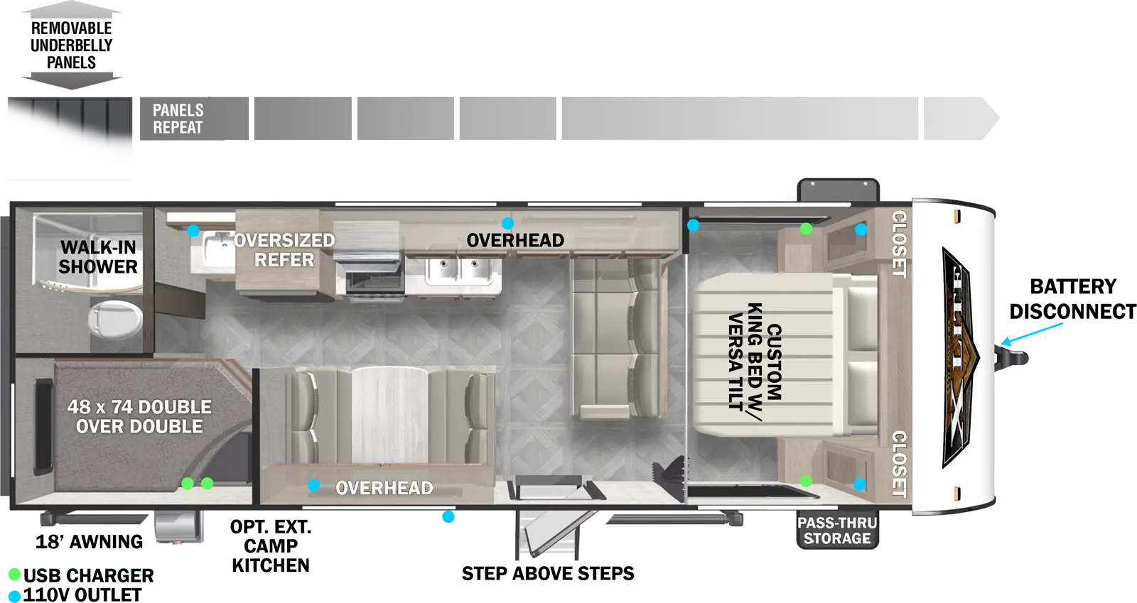 The 261BHXL has no slideouts and one entry. Exterior features include an 18 foot awning, optional exterior camp kitchen, step above entry steps, front pass-thru storage, battery disconnect, and removable underbelly panels. Interior layout front to back: versa-tilt custom king bed with closets on each side; sofa at foot of bed; off-door side overhead cabinet, and kitchen with oversized refrigerator; door side entry, dinette and overhead cabinet; rear door side double over double bunks; rear off-door side sink and overhead cabinet outside bathroom with walk-in shower and toilet.